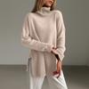 Women's Fashion Casual Solid High Collar Hem Split Long Sleeve Sweater Top