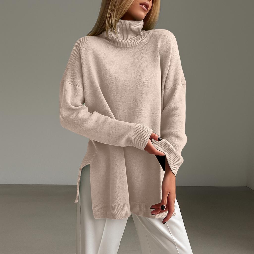 Women's Fashion Casual Solid High Collar Hem Split Long Sleeve Sweater Top