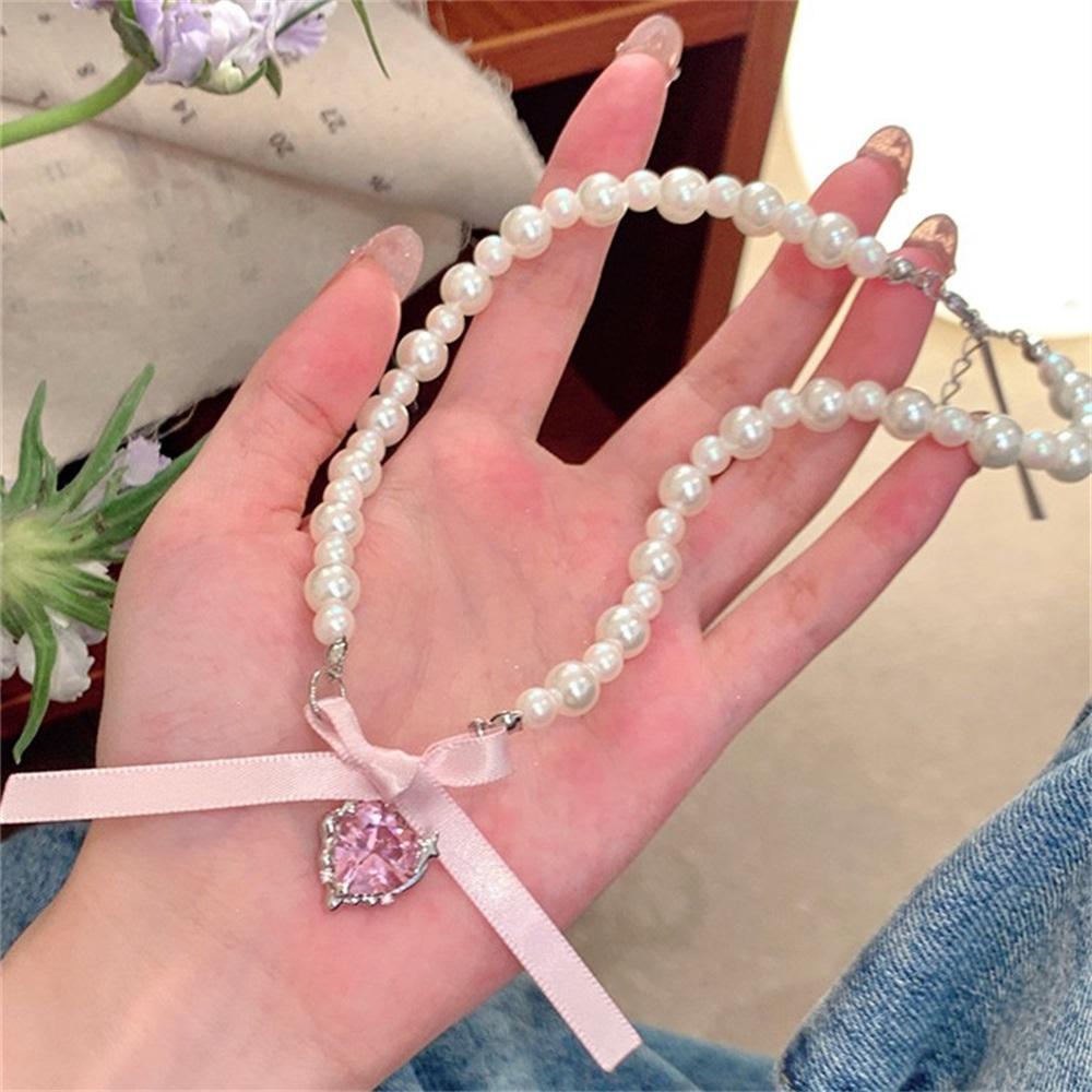 French Romantic Pink Love Bow Pendant Necklace with Pearl Necklace Designed by Female Minority Sweety Clavicle Choker Trendy