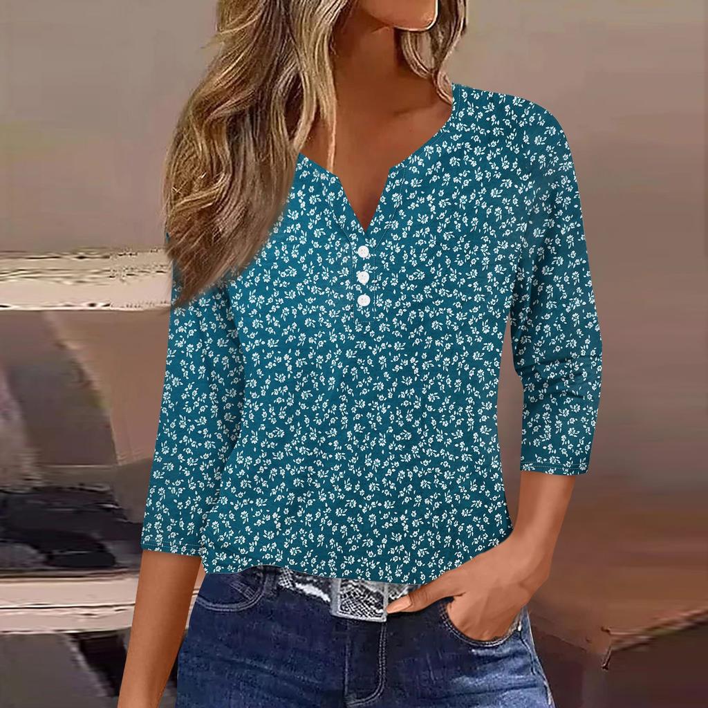 Жен. Футболка Футболка С принтом Пуговицы Рукав 3/4 Повседневные Выходные Мода Классический Классический V-образный вырез Обычный Верх