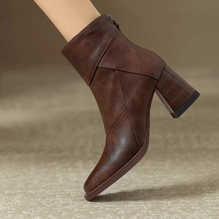 Retro Brown Soft Leather Thick Heel Short Boots Women's 2025 New High Heel Martin Boots British Style Small Square Head Thin Boots