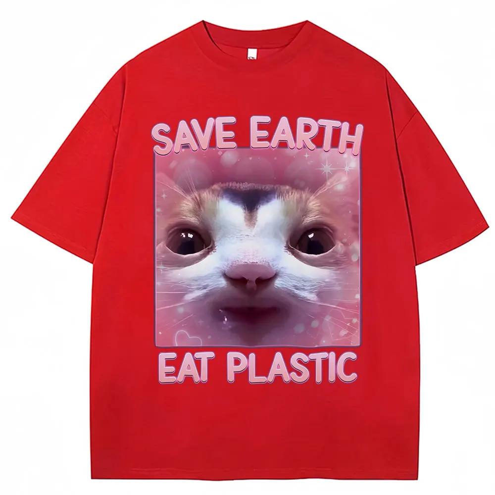Eating Plastic To Save The Planet Cute Cat Emoji Tshirt Womens Fashionable and Aesthetically Pleasing Casual Summer Cute