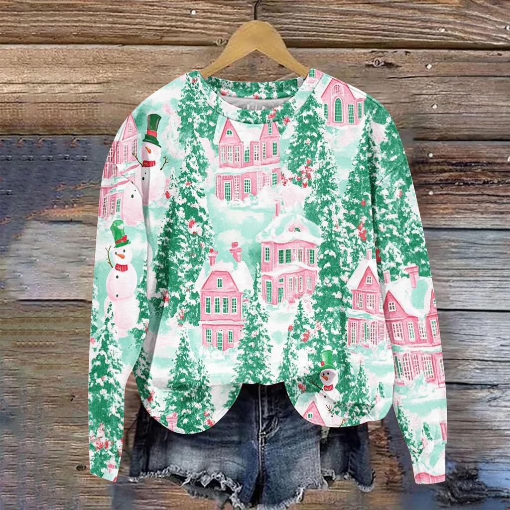 Ladies' Christmas Printed Long Sleeved Round Neck Hoodie Loose Top