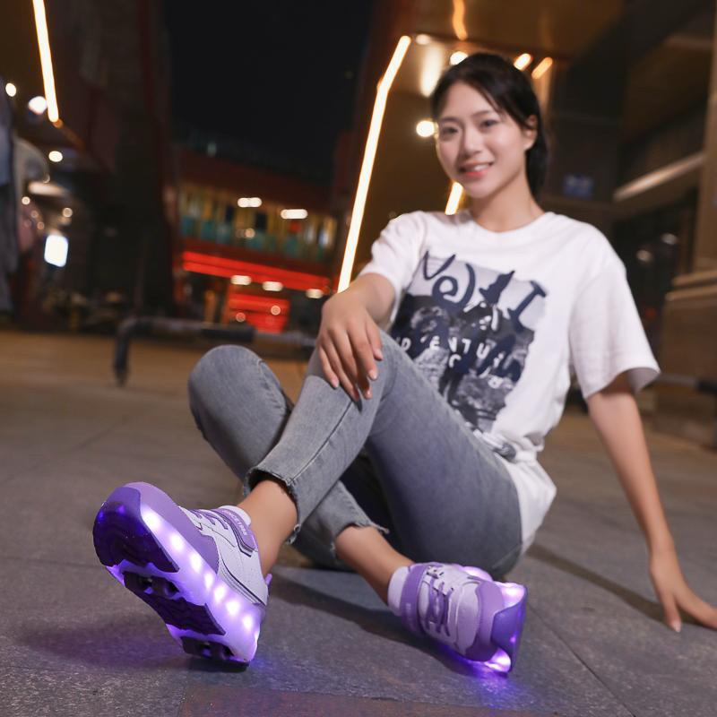 Kid's Lights Sports Shoes Rubbing Shoes Solid Magic Patch Can Charging Double-row Four-wheel Slide Shoes