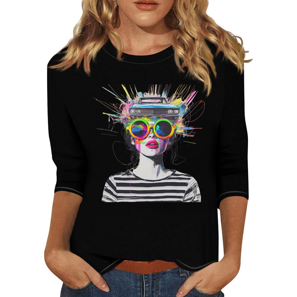 Женская мода повседневная три четверти рукава с принтом персонажей круглый вырез пуловер топ