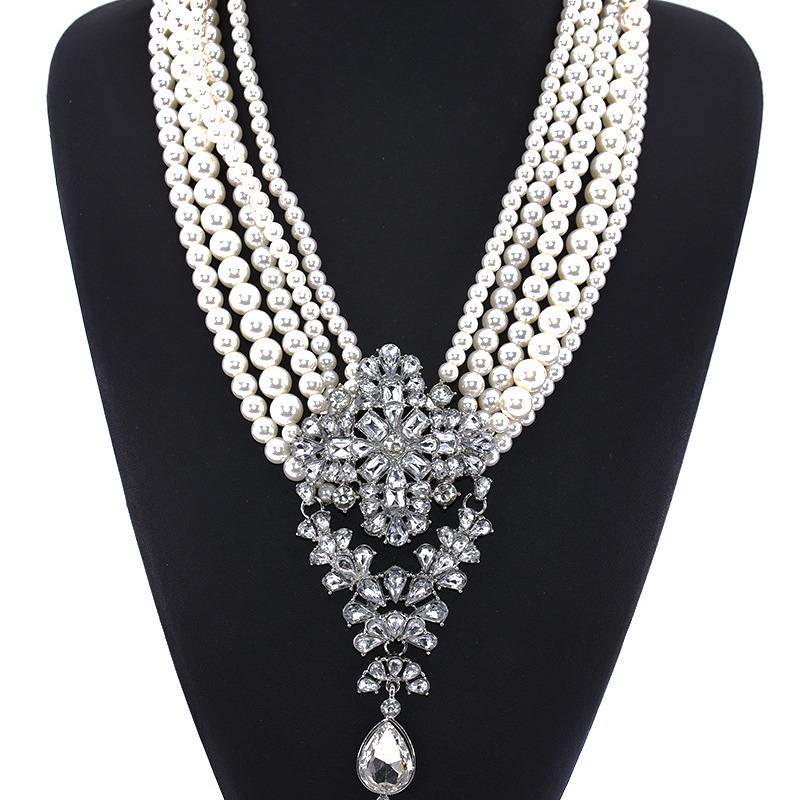 Multi-Layer Pearl Crystal Gemstone Water Drop Pendant Short Collarbone Necklace Fashionable And Exaggerated
