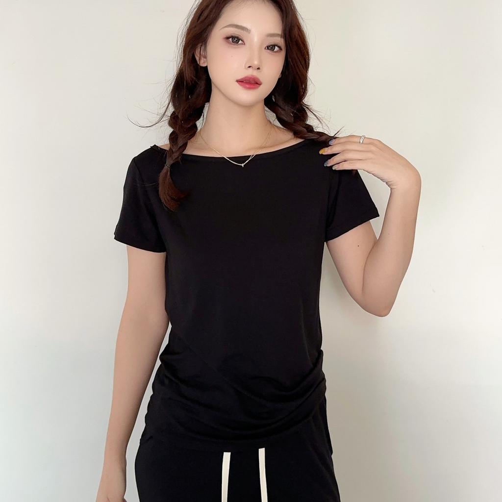 Модал с короткими рукавами и открытой спиной Футболки женские лодочки с открытыми плечами Футболка Однотонный цвет Свободный базовый слой Топ Большие размеры простые Майки