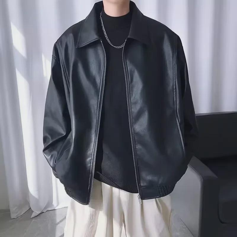 Мужская осенняя куртка из искусственной кожи с узкими лацканами для мотоцикла - модный красивый дизайн