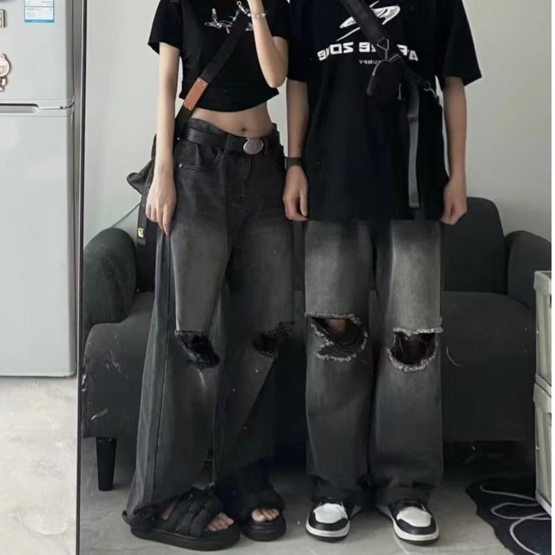 2023 Unisex Black Distressed Ripped Jeans – Loose Straight Wide-Leg Pants Trendy Brand