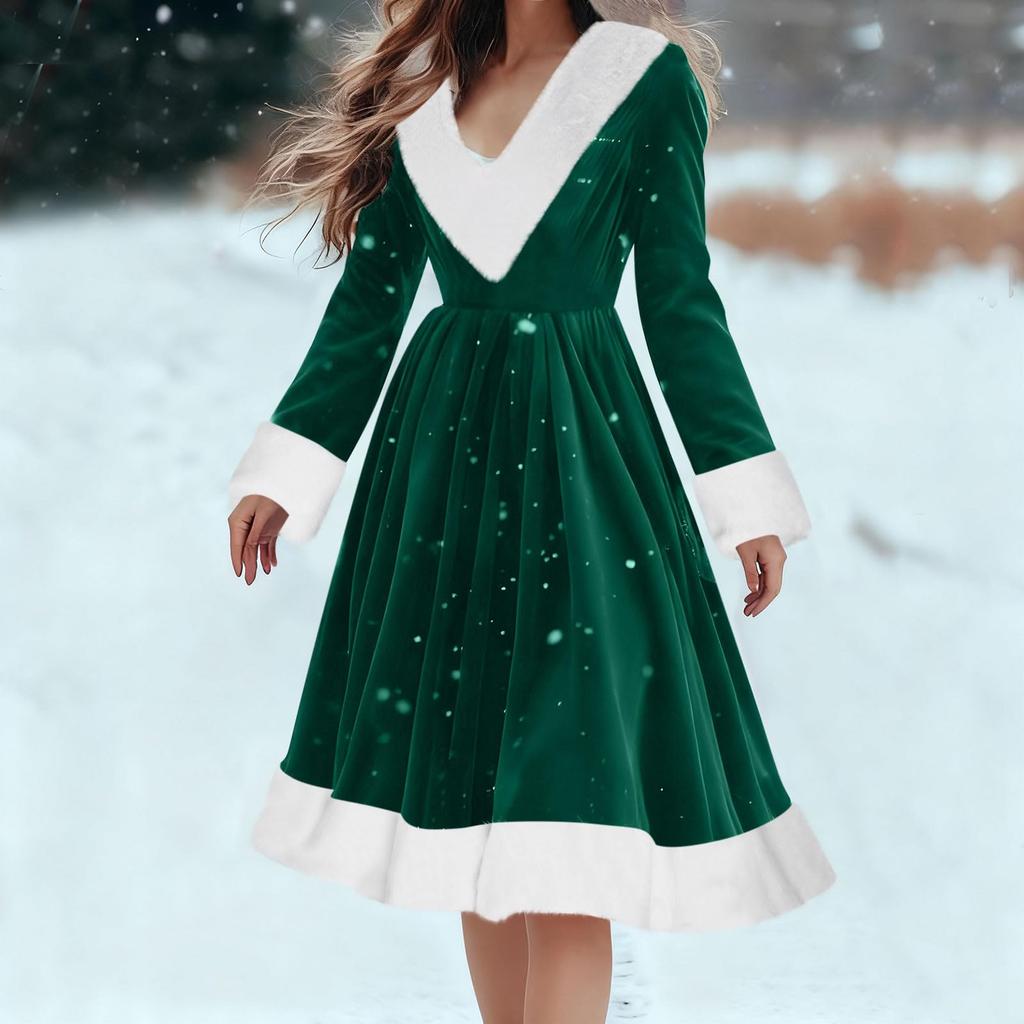 Женское модное платье свободного кроя с длинными рукавами, плюшевое, с V-образным вырезом, однотонное, для вечеринки