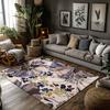 Cream White Floral Bohemian Rug, Purple Blue Flower Pattern Non-Slip Carpet, Artistic Living Room Mat for Vintage Home Decor