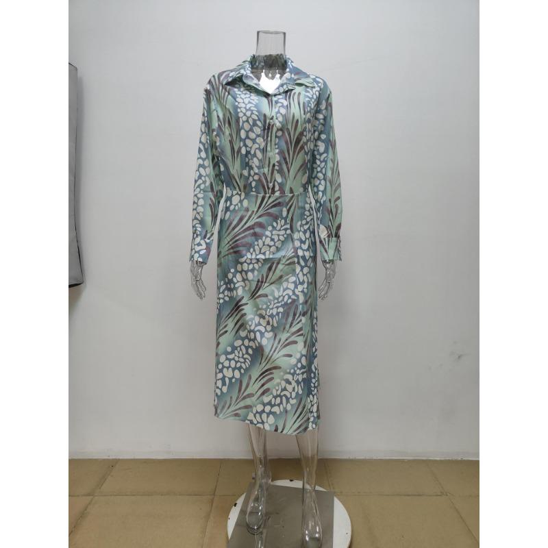 Women Elegant V Neck Long Sleeve Printed Shirt Midi Dress Two Piece Set
