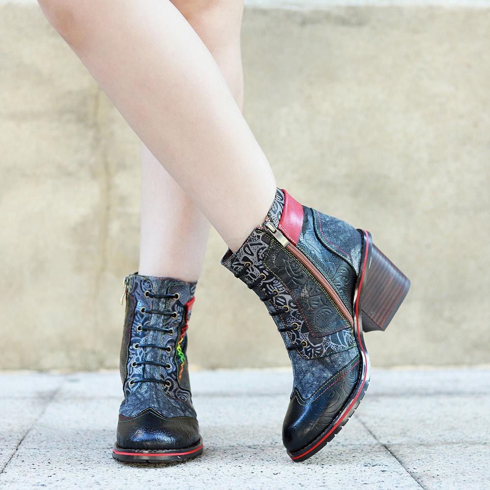 Johnature Ретро Комфорт Толстый Каблук Короткие Сапоги Ручной Работы Натуральная Кожа Сращивание Набивная Ткань Женская Обувь