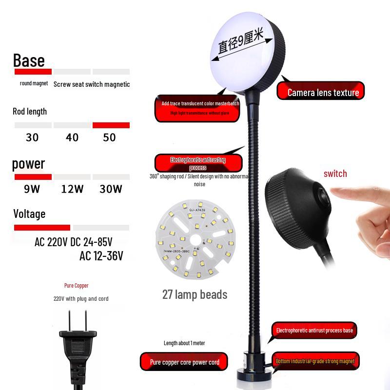 220V LED Work Light with Magnetic Base for Lathe, Punch Press, Injection Molding, and 24V Equipment