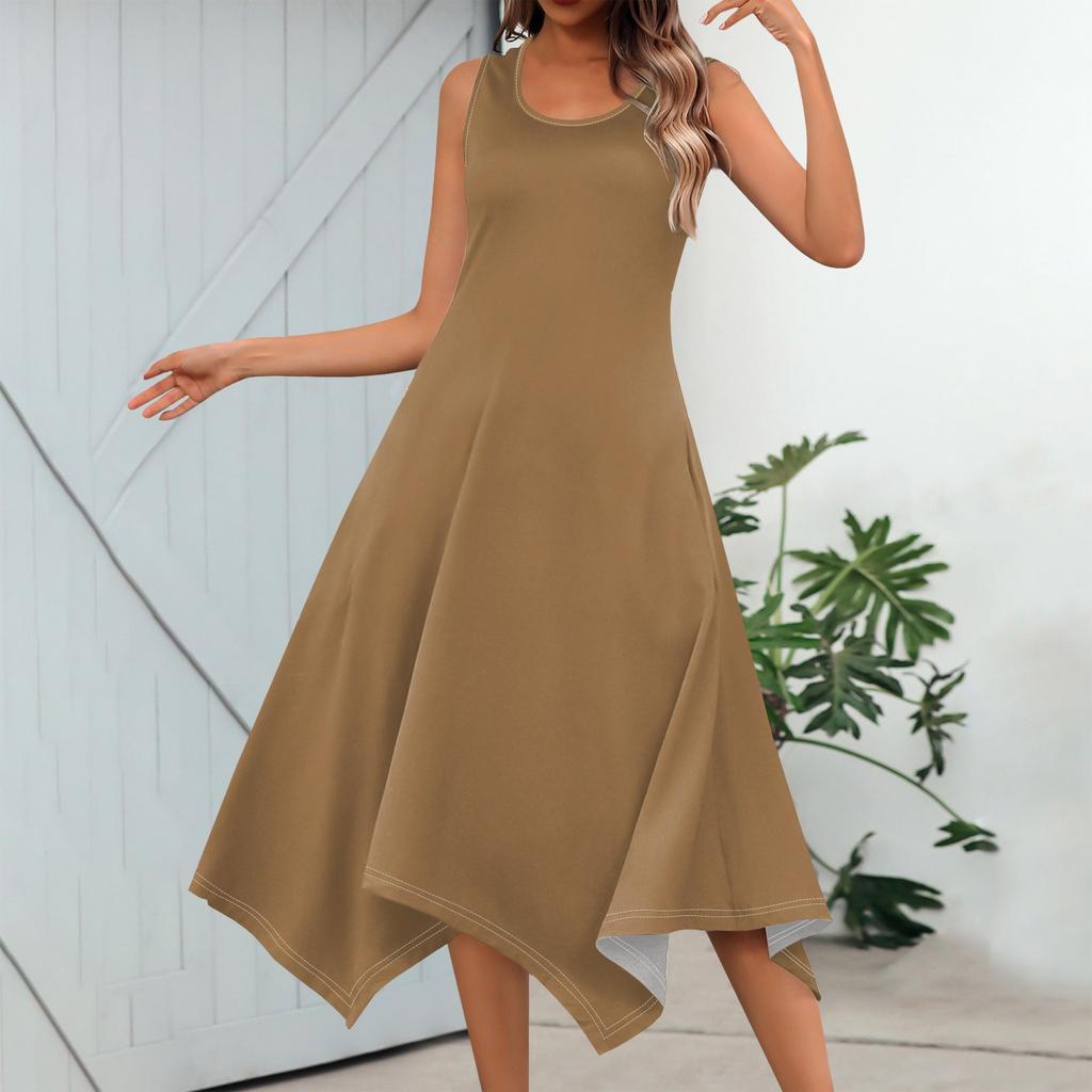 Женское повседневное модное платье миди без рукавов с круглым вырезом и нерегулярным подолом