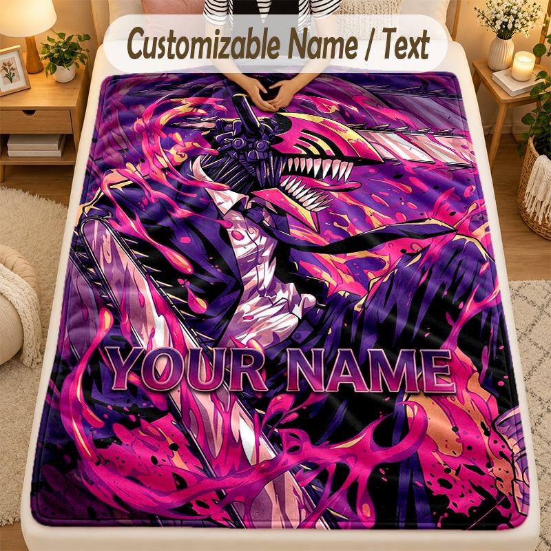 Flannel BlanketChainsaw Man Custom Name Text Personalized Soft Warm Throw Blanket Home Decor Gift