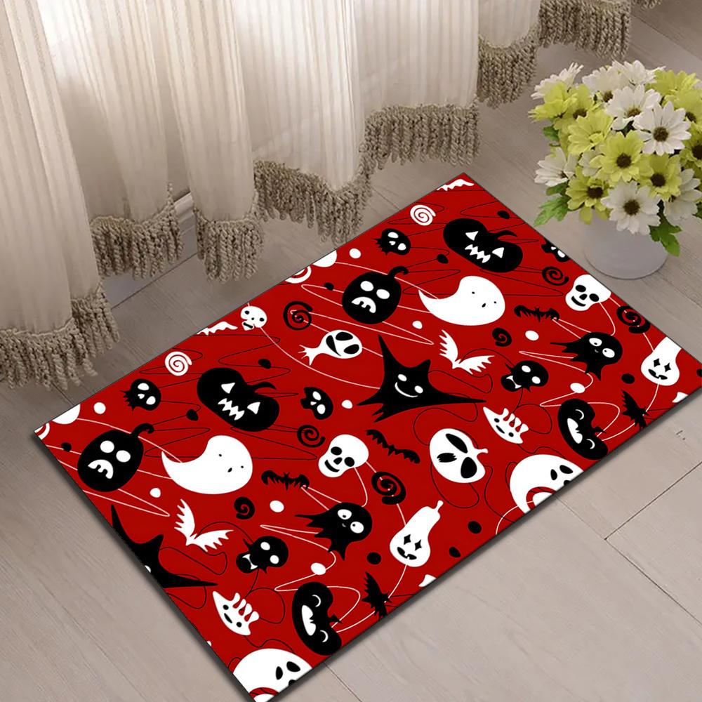 Spooky Halloween Area Rug - Vibrant Red with Ghosts, Bats, and Skulls Design, Soft Polyester Crystal Velvet, Perfect for Living