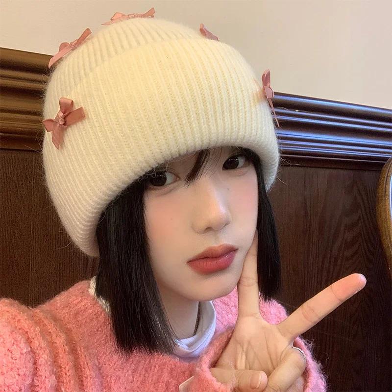 Ins Новые милые вязаные женские шапки с бантом на осень и зиму в корейском стиле, модные теплые утолщенные пуловеры, милые шапки-бини