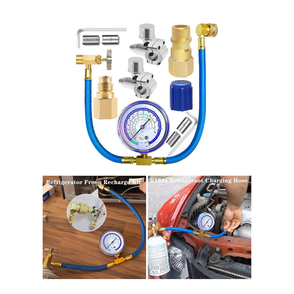 Профессиональный набор заправочных шлангов R134A с манометром, быстроразъемными соединениями и адаптерами для эффективного обслуживания кондиционеров