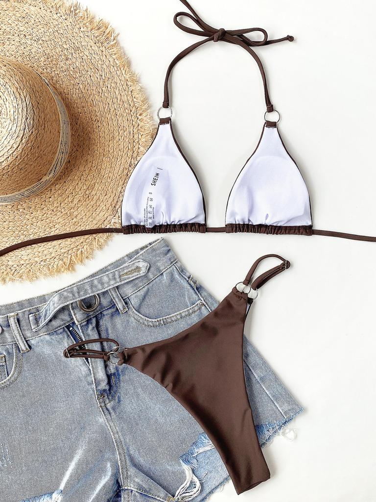 Women's Solid Color Split Swimsuit Triangle Back Tie Bikini Set