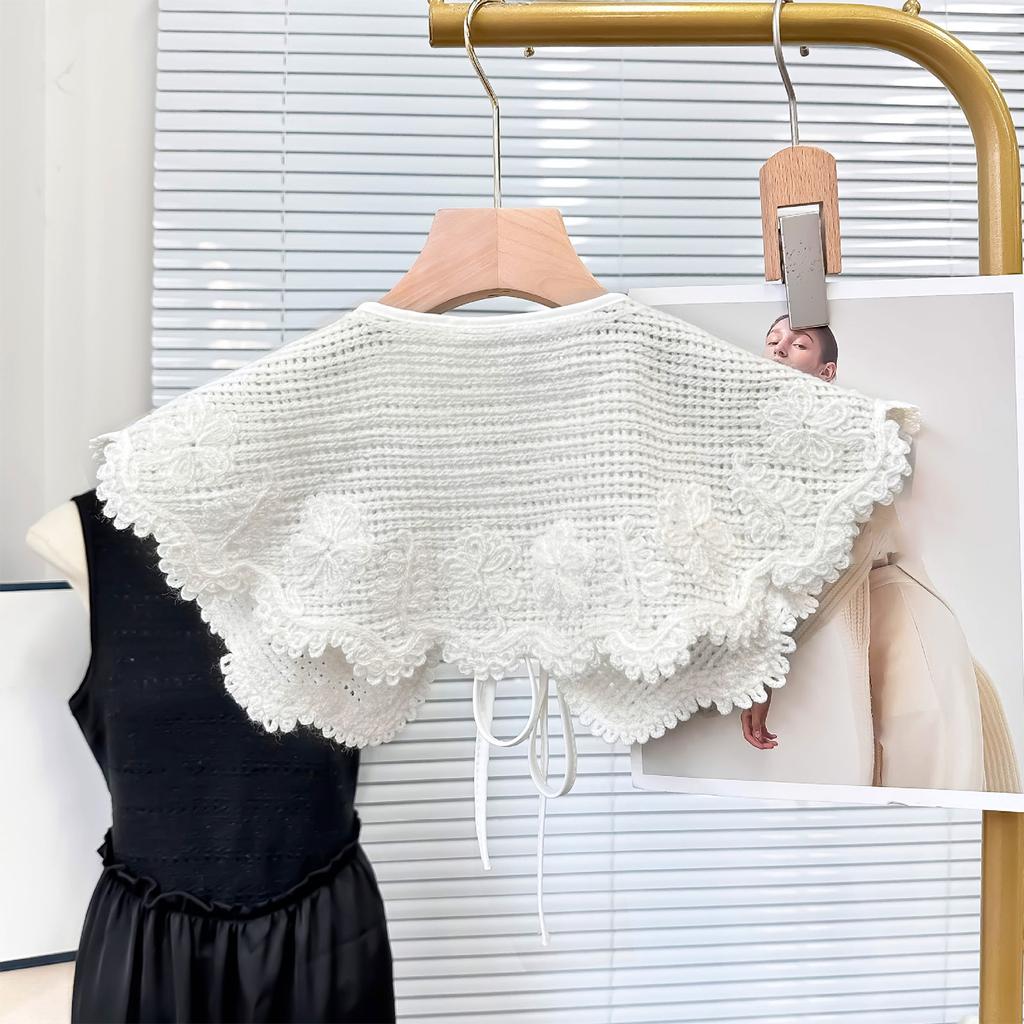 Elegant Detachable Shawl False Collar Hollowed Out Crochet Knit Woolen Flower Decorative Capelet for Collarless Dresses