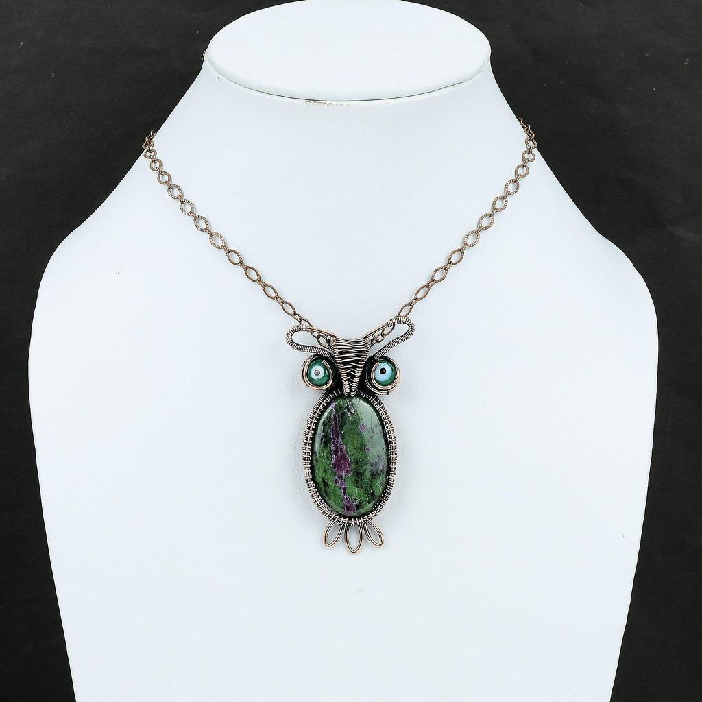 Подвеска из рубиновой меди и цоизита, зеленая подвеска от сглаза, подвеска из драгоценного камня в виде проволоки, ручная работа, медные украшения, подарок для матери, подвески в виде совы