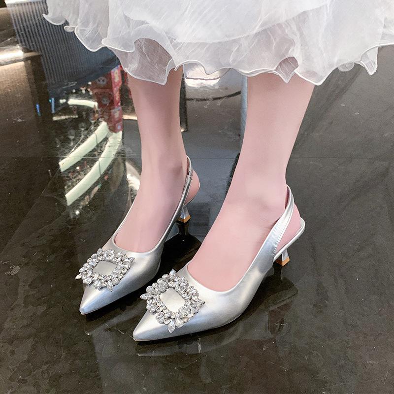 Остроконечные босоножки для женщин Элегантные босоножки с открытой пяткой Сексуальные свадебные банкетные удобные женские туфли с кристаллами на высоком каблуке Zapatos De Mujer