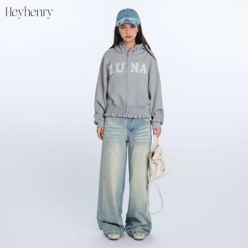 Womens Short Zip Hoodie - Loose Fit Letter Embroidery Casual Sweatshirt