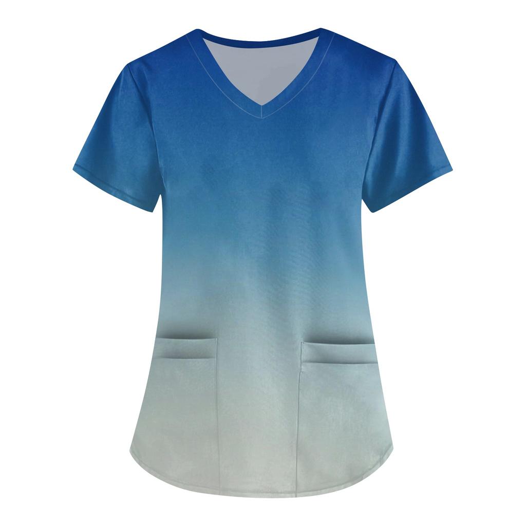 Большой размер Принтованный скраб Рабочая униформа Топы для женских V-образный вырез с запахом Принт Короткий рукав Веселые футболки Рабочая одежда Футболка с карманами