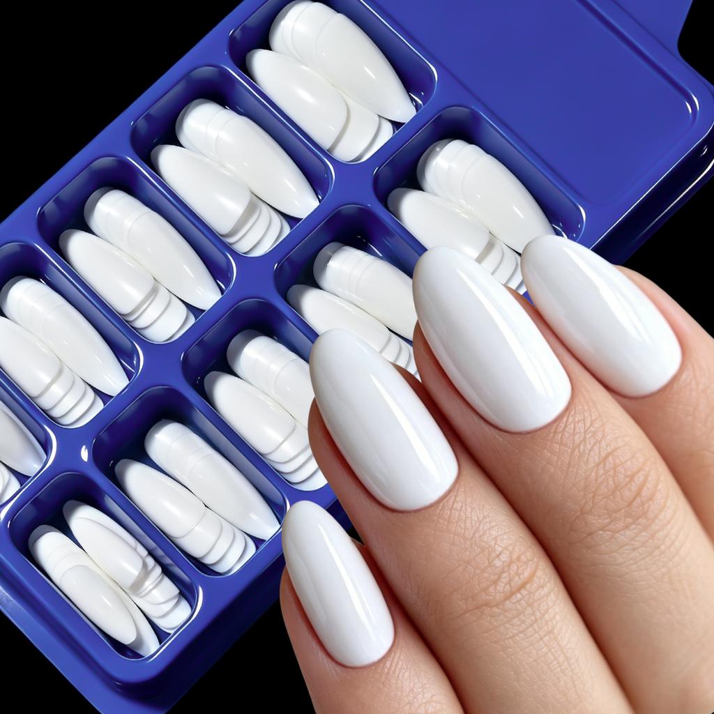 120Pcs Glossy White Almond Press On Nails Medium Natural White Gel False Nails Full Cover Reusable Acrylic Fake Fingernail Tips