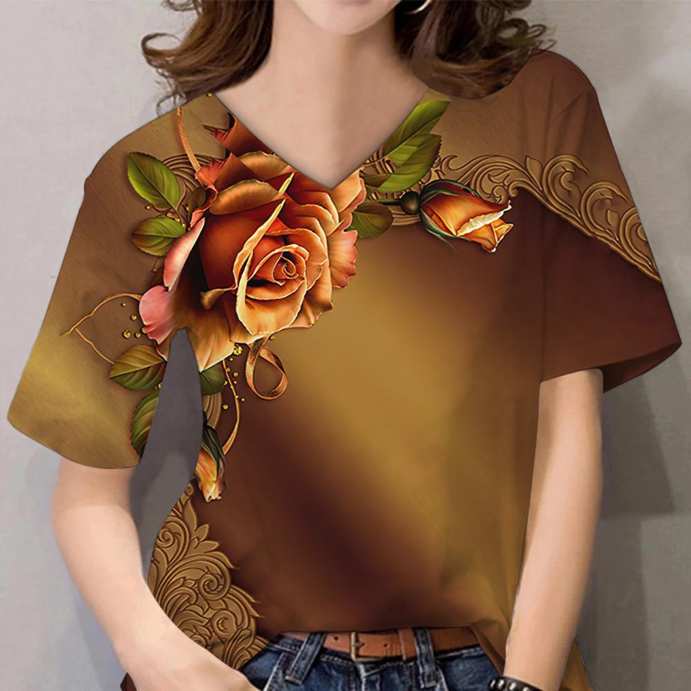 Женские топы с 3D цветочным принтом и коротким рукавом с V-образным вырезом, летние футболки для влюбленных пар