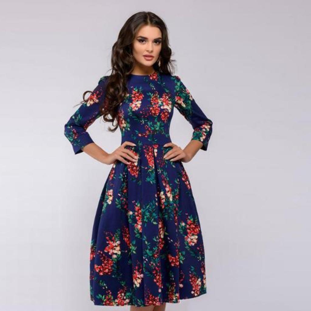 Осеннее и зимнее женское платье трапециевидной формы, вечернее платье с цветочным принтом и укороченным рукавом, с круглым вырезом