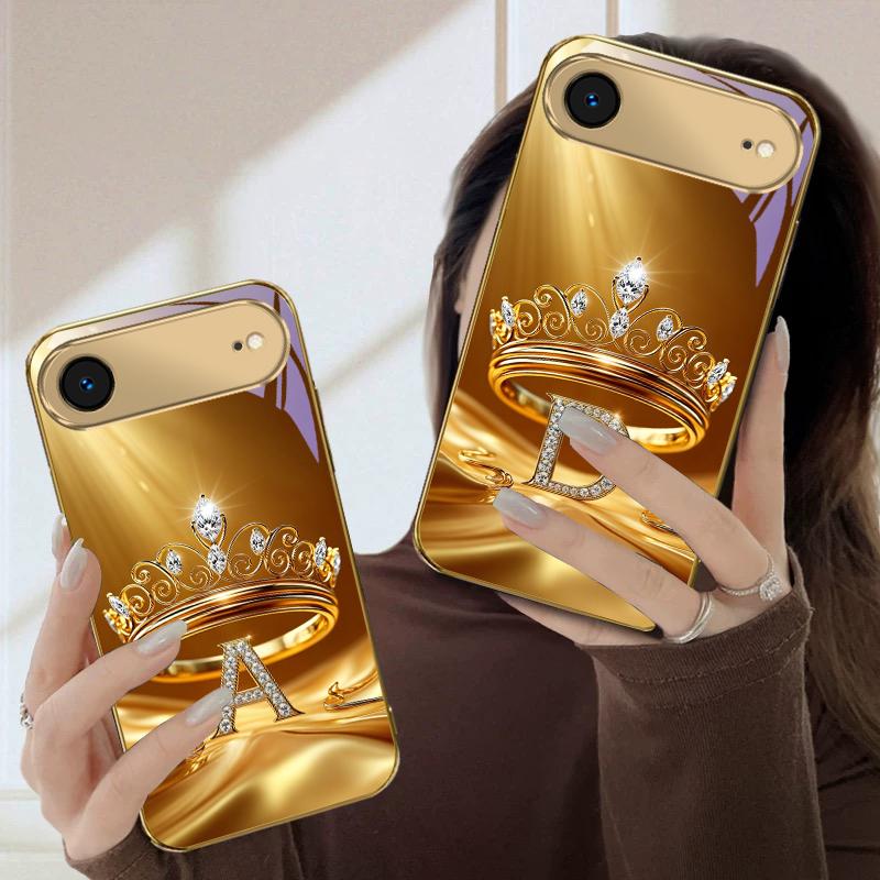 Золотое кольцо-корона Буква Для iPhone Air 16E 15 PRO 14 13 Plus 12 mini 11 17 Pro Max XR 16 17ProMax 17Pro Золотой стеклянный чехол для телефона