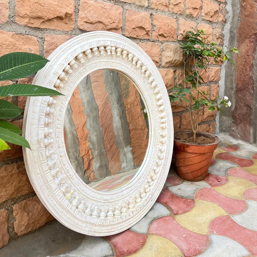 Wooden Carved Round Wall Mirror-Distressed White Finish Mirror, Boho Wall Decor, Indian Accent Mirror for Bedroom or Living Room Home Decor