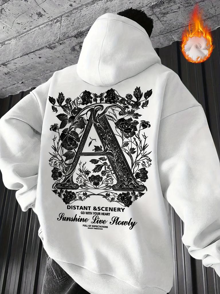 New men's infinity ivy letter A-pattern printed fleece pullover with hood, fashionable pocket hooded sweater, men's versatile casual top with hood