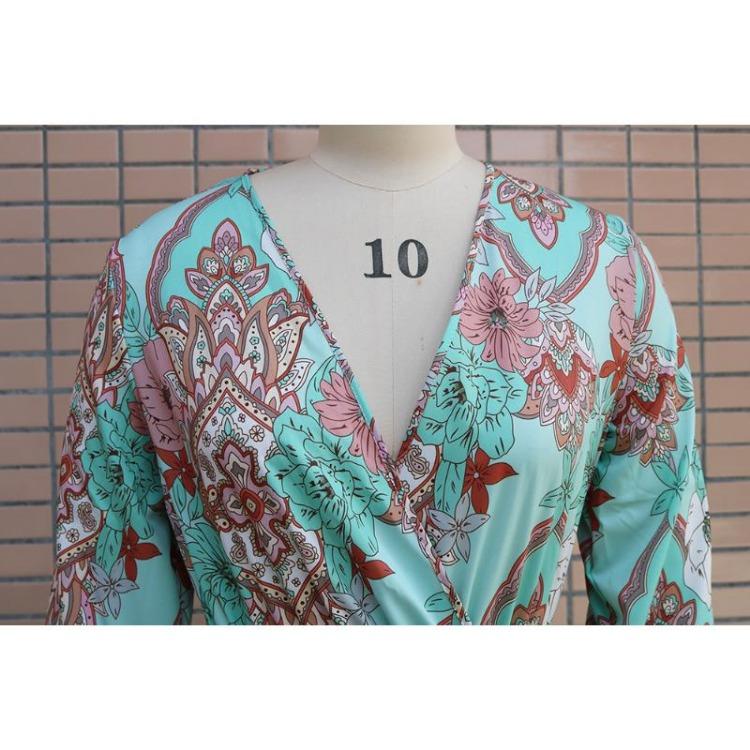 Богемное длинное платье с цветочным принтом, элегантное платье-свинг с глубоким V-образным вырезом, длинными рукавами и высоким разрезом, с поясом, женские пляжные платья, сексуальное