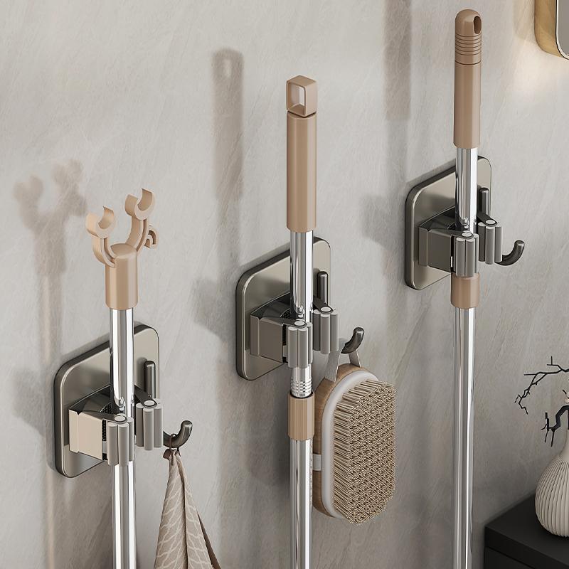 Gun gray mop wall hanging clip hook bathroom non-punching multi-function wall stainless steel broom fixed hanger
