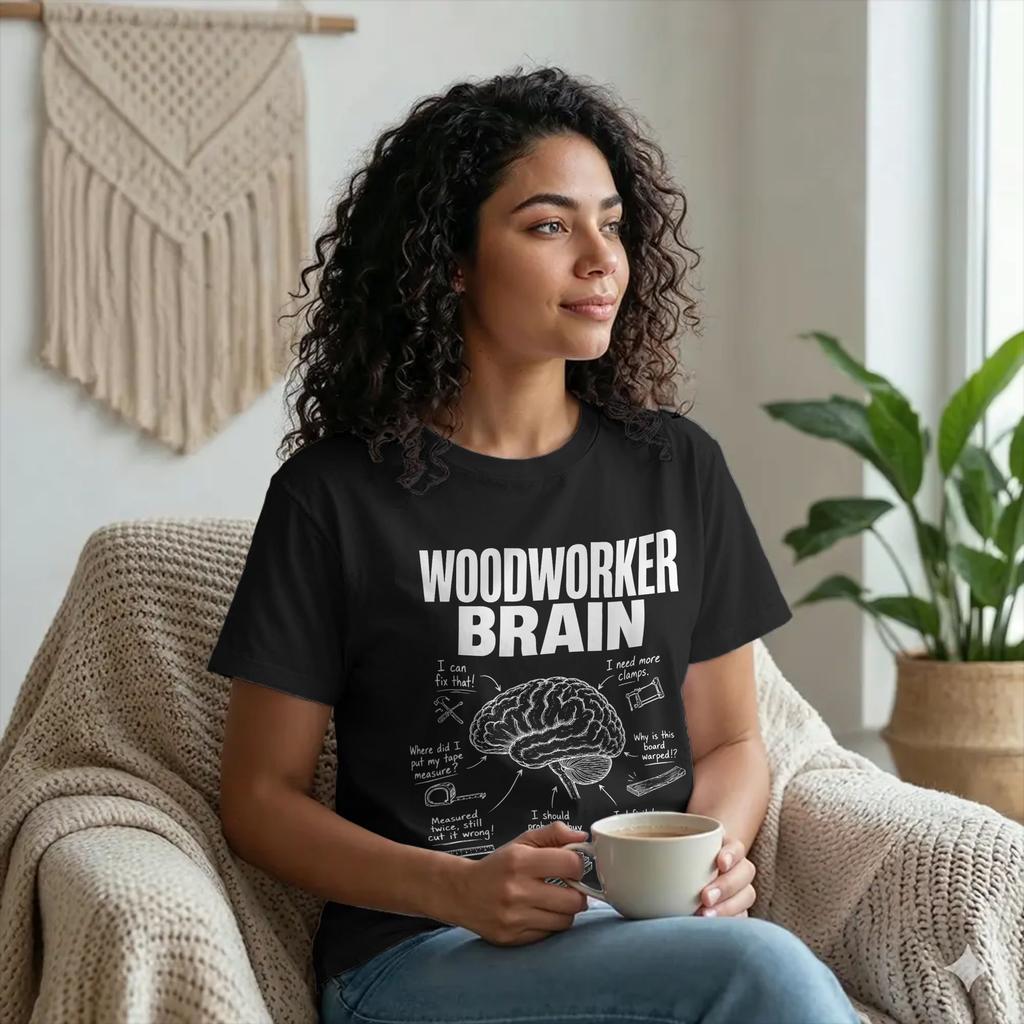 Woodworker Brain Funny Humor T Shirt Men 100% Cotton Vintage T-Shirt Crewneck Woodworking Tee