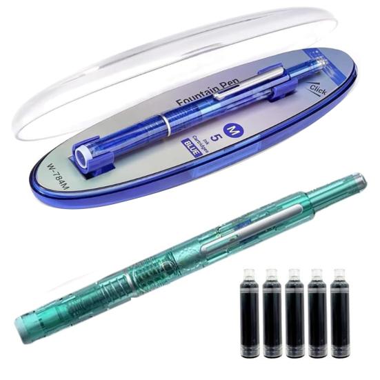 Retractable Fountain Pen Fine Nib Set 0.38mm Black/Blue Ink Transparent Barrel Pen with 5 Refillable Ink Cartridges for Sketching Journaling