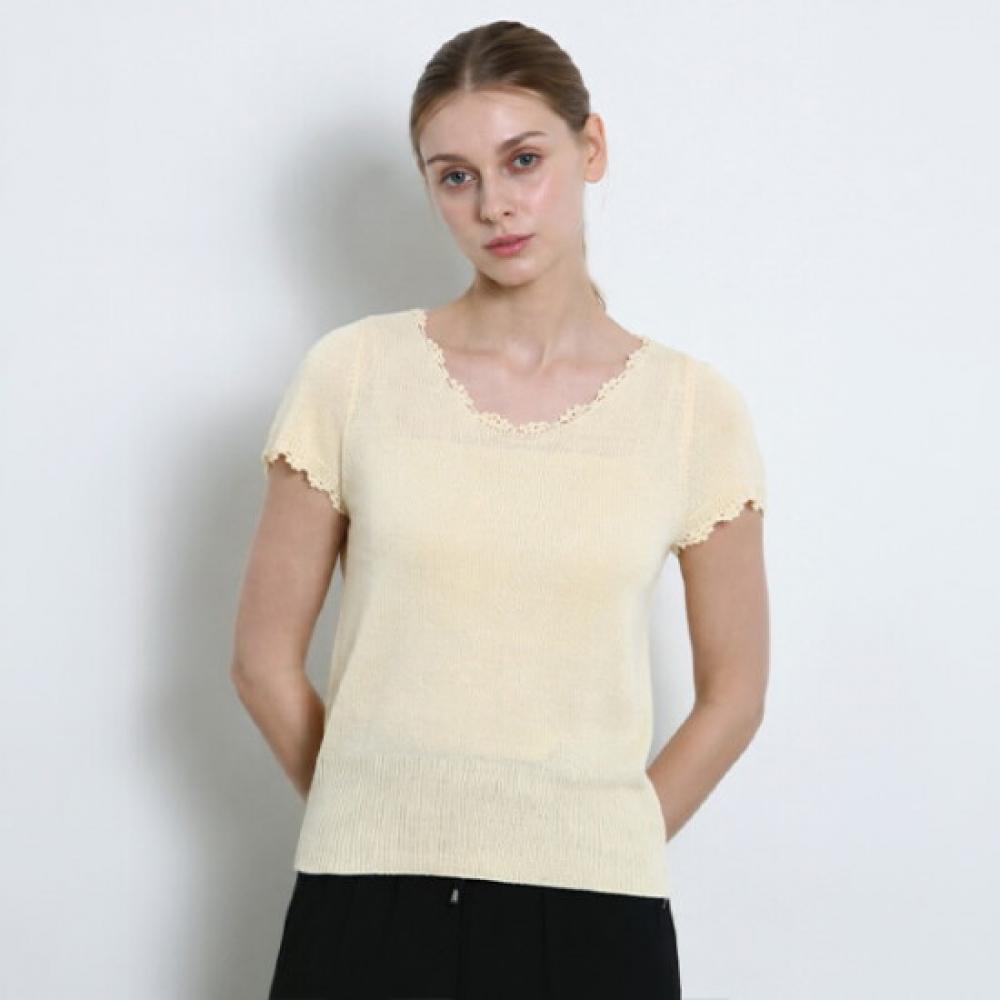 Ozoc Pastel Lace Round Short Sleeve Sweater Ozoc