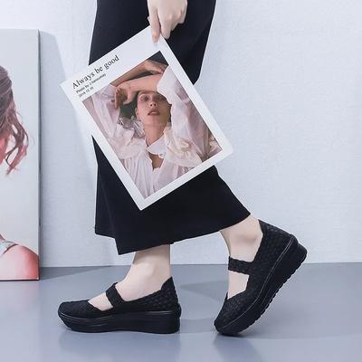 Мода Лето новые плетеные туфли ручной работы сетчатые туфли дышащие скошенные каблуки увеличивающие рост толстая подошва повседневные женские туфли