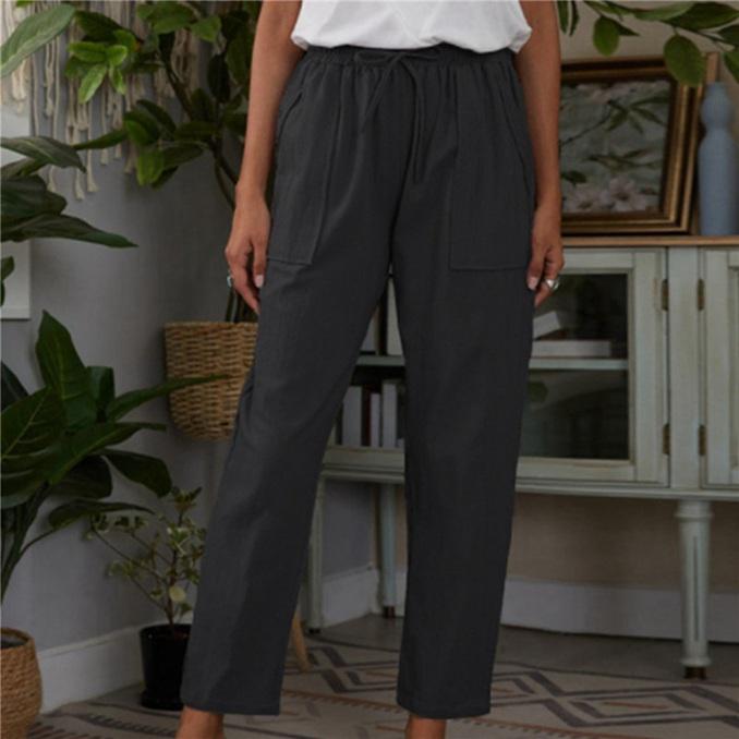 Модные женские хлопковые льняные брюки, однотонные свободные повседневные брюки с карманами и эластичной резинкой на талии
