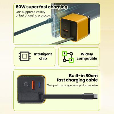 Сверхбыстрое USB Type C зарядное устройство 80 Вт со светодиодным индикатором, оснащенное выдвижным кабелем, поддерживает быструю зарядку PD, подходит для