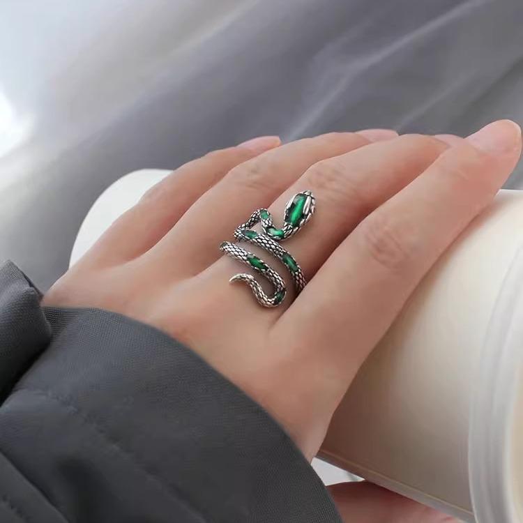 Винтажное кольцо со змеей 'Spirit Snake' из стерлингового серебра 925 пробы с перегородчатой эмалью - Преувеличенное синее кольцо для указательного пальца для мужчин и женщин