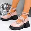 Розовые туфли-лодочки на танкетке в стиле Лолита для женщин, с заклепками, металлической цепочкой, на массивной платформе, туфли Мэри Джейн с ремешком на щиколотке, на толстой подошве, туфли для униформы