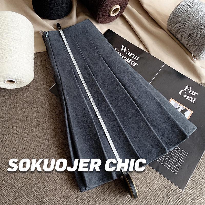 Женская высококачественная черная юбка А-силуэта плиссе из смесовой шерсти - Плотная, с высокой посадкой, стройнящая, большого размера, короткой длины для осени и зимы.