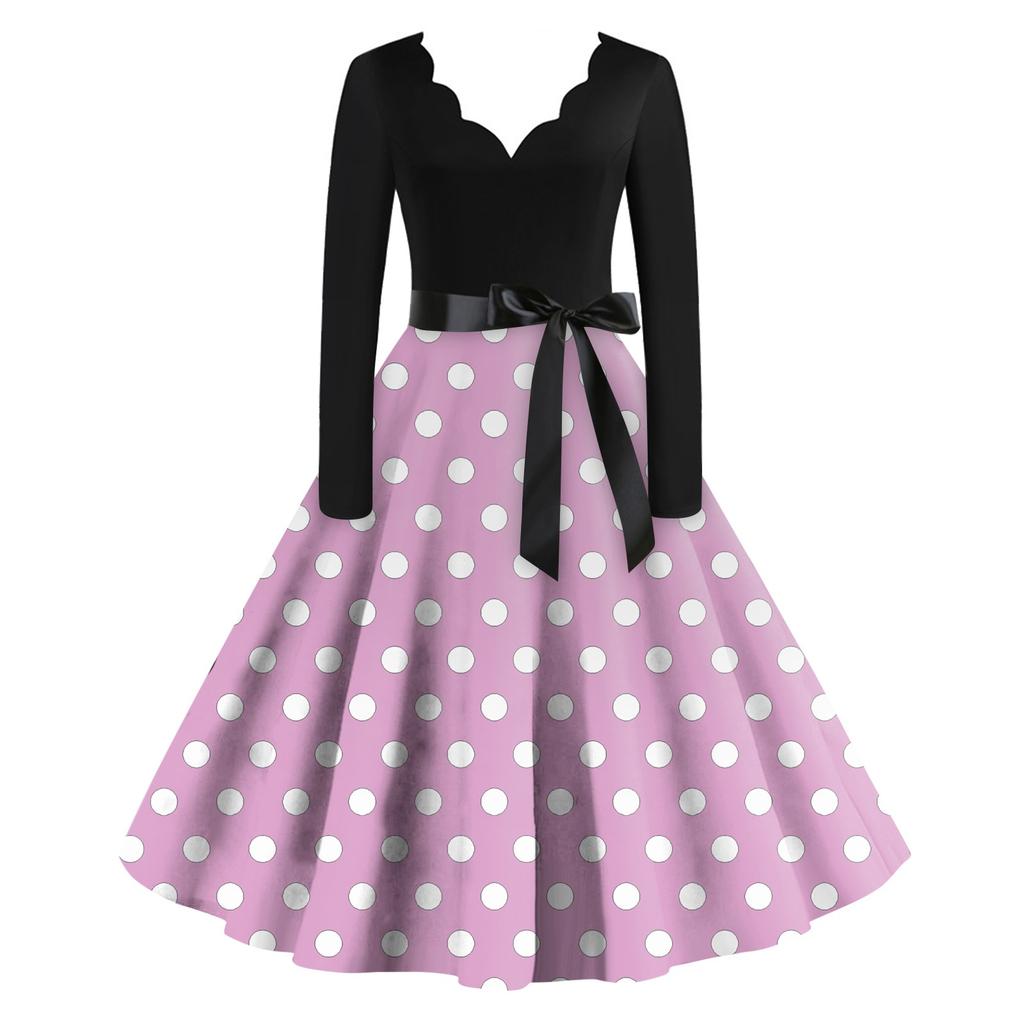 Женское повседневное модное платье с V-образным вырезом и длинными рукавами в стиле ретро с принтом в горошек