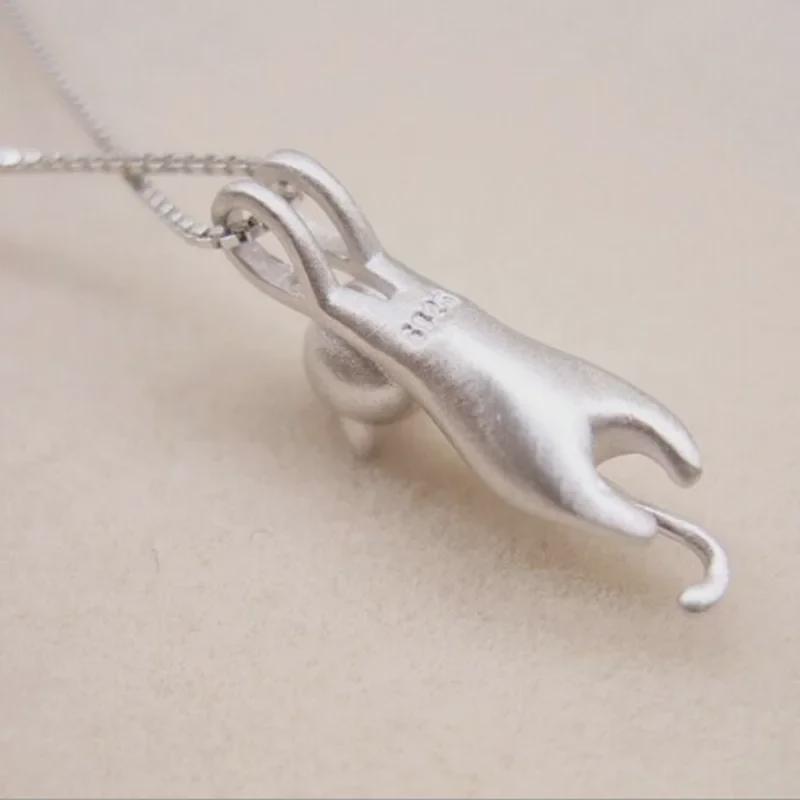 S925 Sterling Silver Sandblasted Cat Necklace Set - Cute Korean Fashion Jewelry