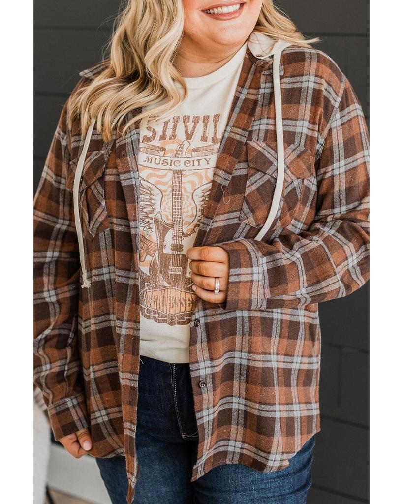 Azura Exchange Brown Plus Size Plaid Contrast Button Up Hooded Jacket
