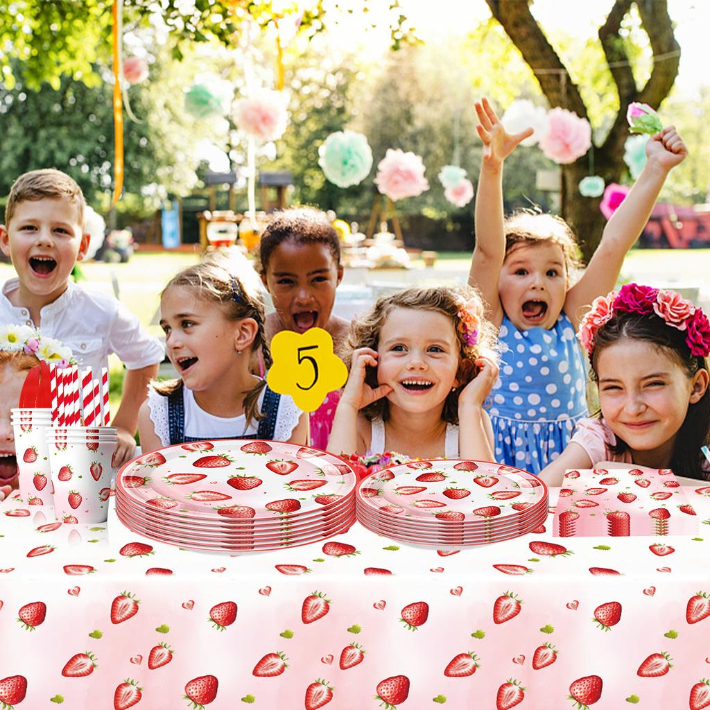 Strawberry Theme Party Paper Plate Balloon Picnic Plate Cake Plate Children'S Birthday Party Dessert Counter Decorative Cutlery